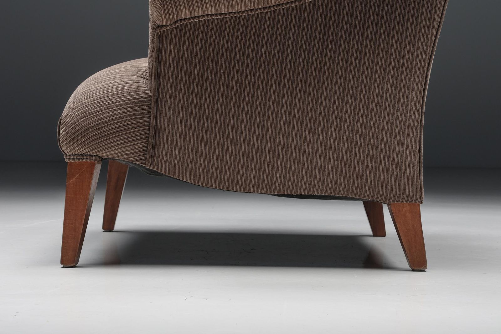 photo furniture Armchair In Striped Upholstery & Wooden Legs, Europe, Circa 1950s