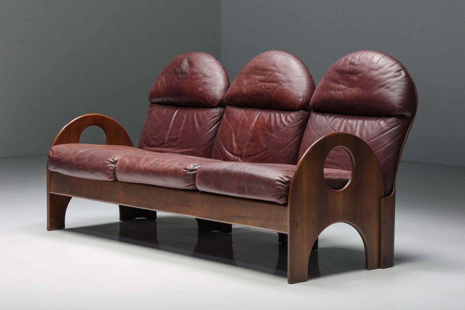 Three Seater 'Arcata' By Gae Aulenti, Walnut And Burgundy Leather, 1968 photo furniture