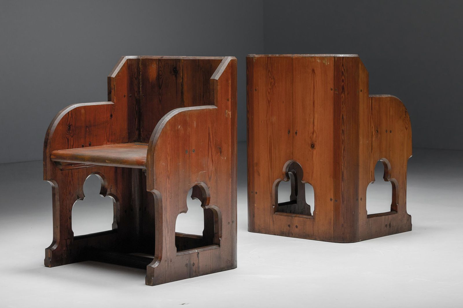 photo furniture Gothic Revival Wooden Armchairs, Pine & Oak, 20th Century