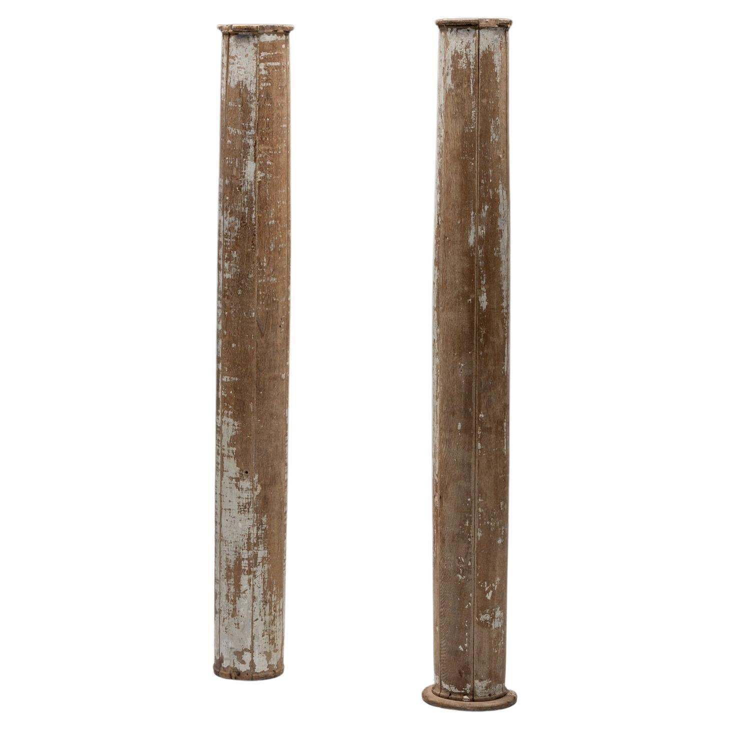 Pair Of Partly Patinated Wooden Columns, 19th Century