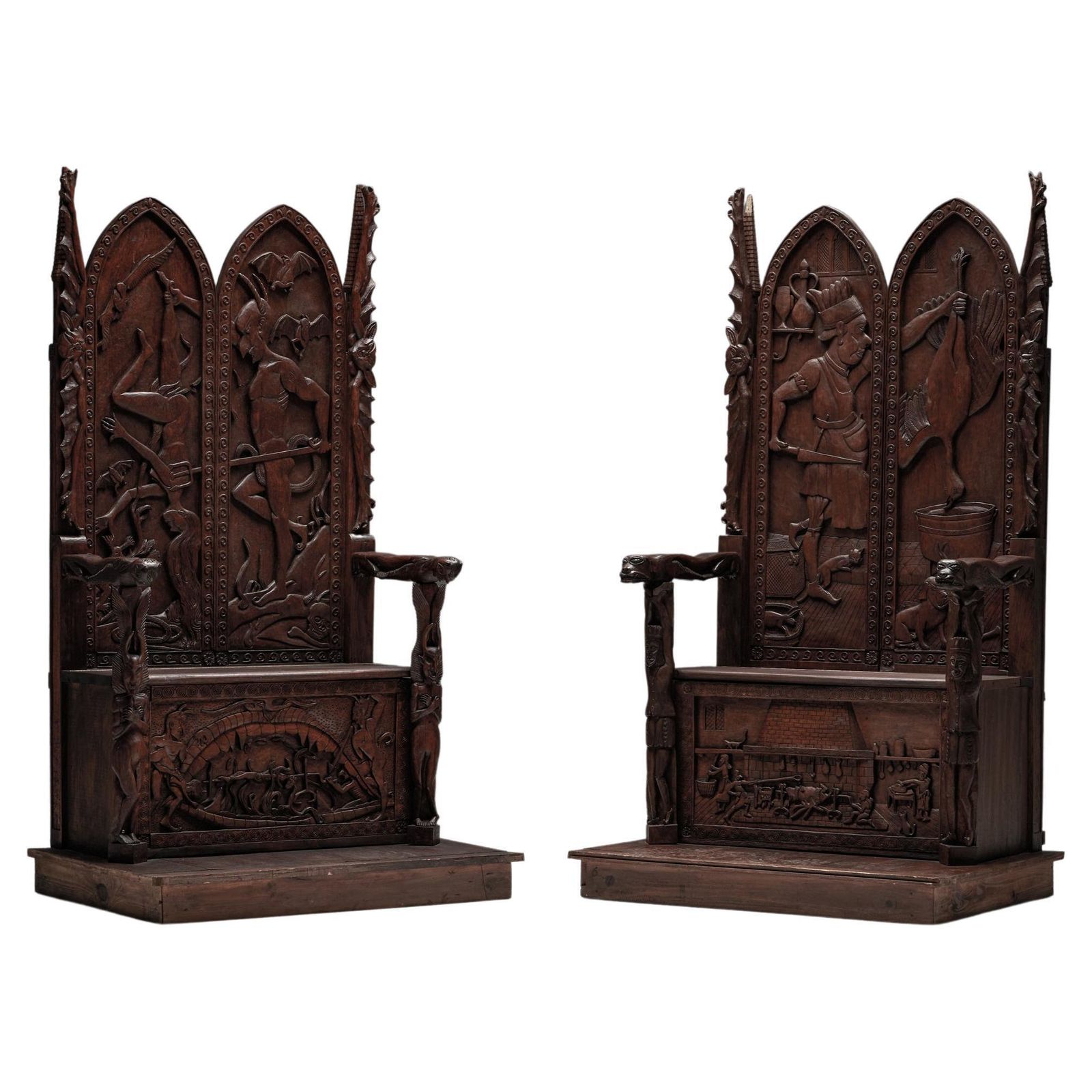 Carved Throne Chairs With Relief Design In Wood, 20th Century