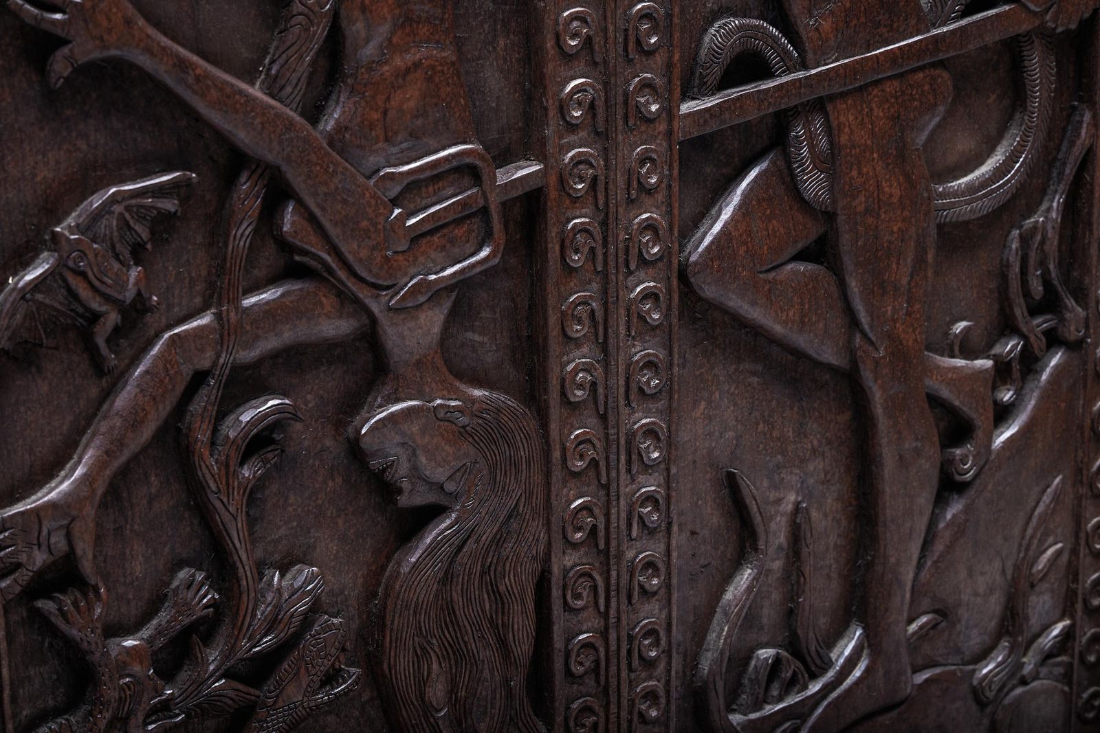 photo for sale Carved Throne Chairs With Relief Design In Wood, 20th Century