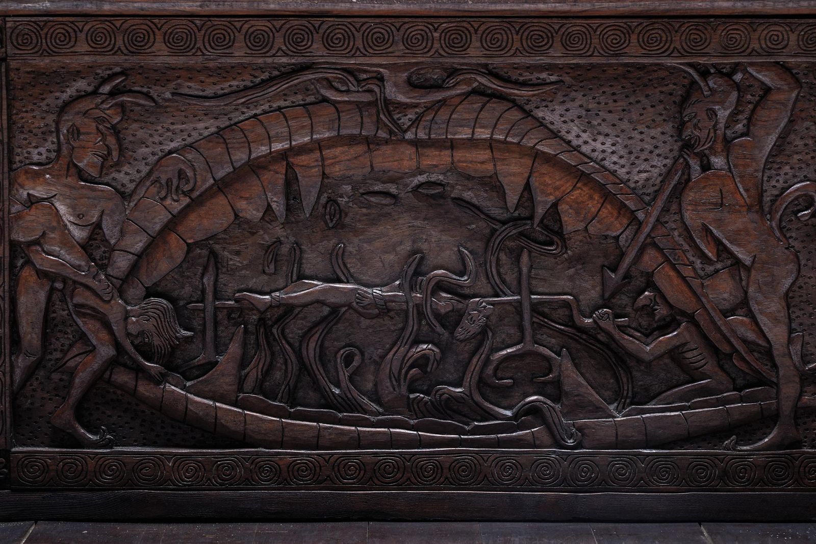 Furniture Carved Throne Chairs With Relief Design In Wood, 20th Century photo