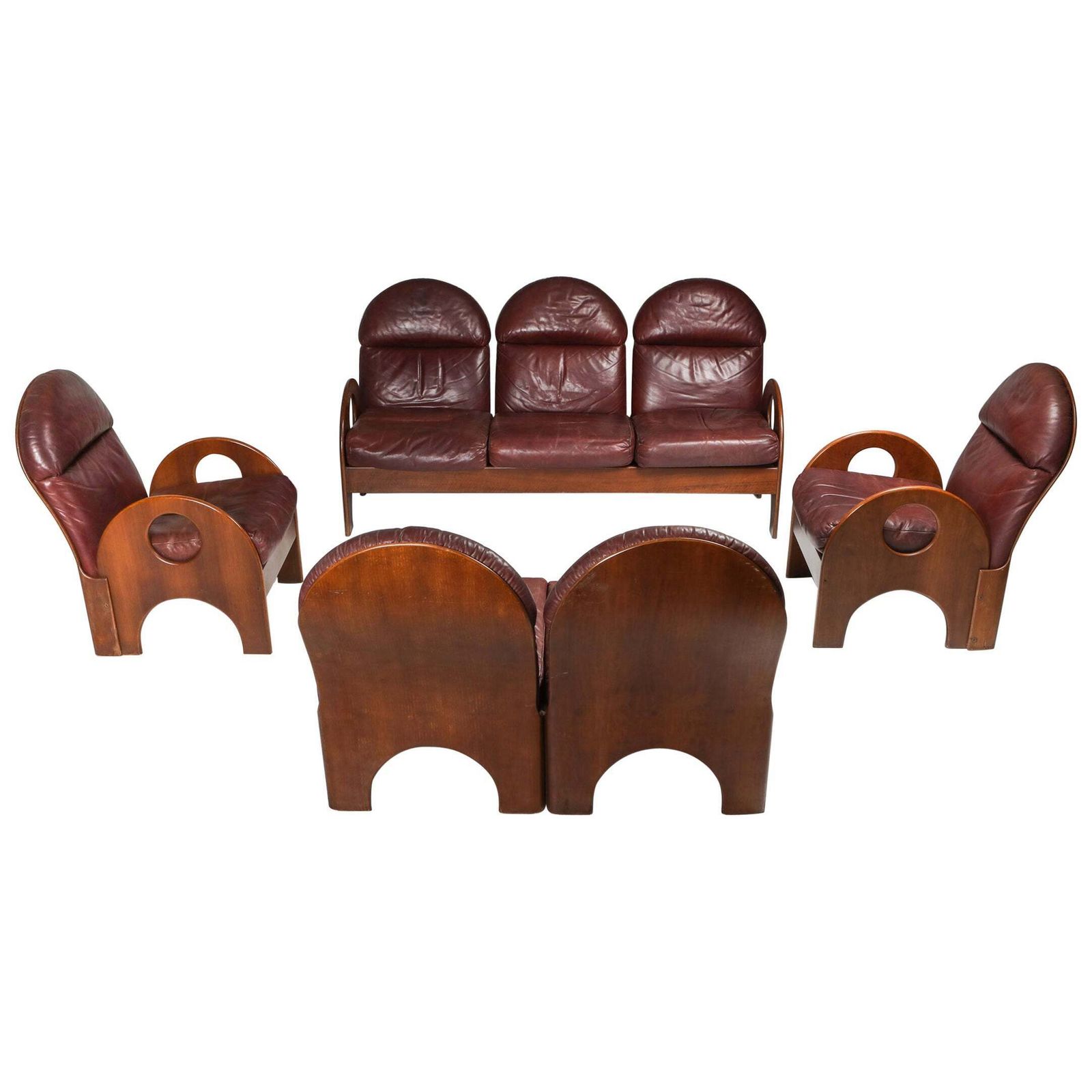 Gae Aulenti "Arcata" Living Room Set In Walnut And Burgundy Leather, 1968