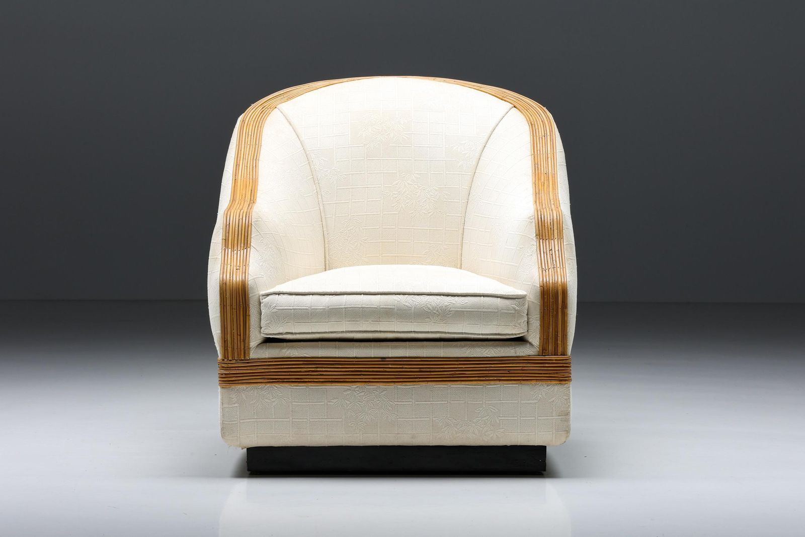 Vivai Del Sud Bergère Chair, Italian Tropicalist Style, Rattan, Silk, 1970's photo furniture