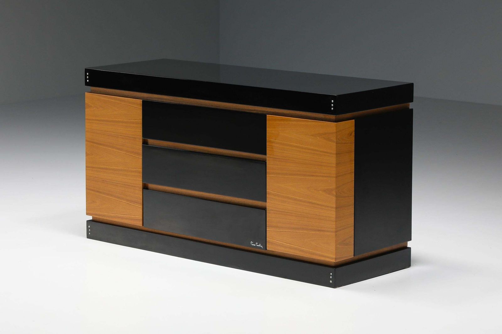 Pierre Cardin Black Lacquer And Teak Drawer Cabinet, Postmodern Credenza, 1970's photo furniture