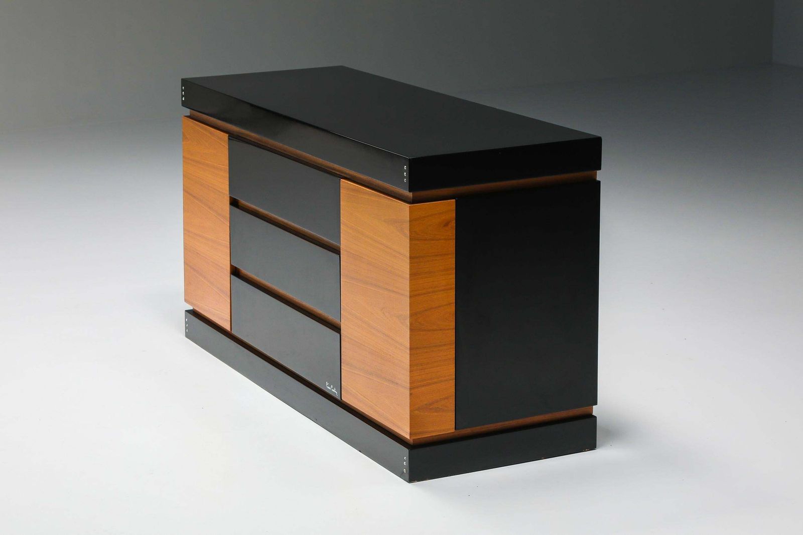 Pierre Cardin Black Lacquer And Teak Drawer Cabinet, Postmodern Credenza, 1970's photo Furniture
