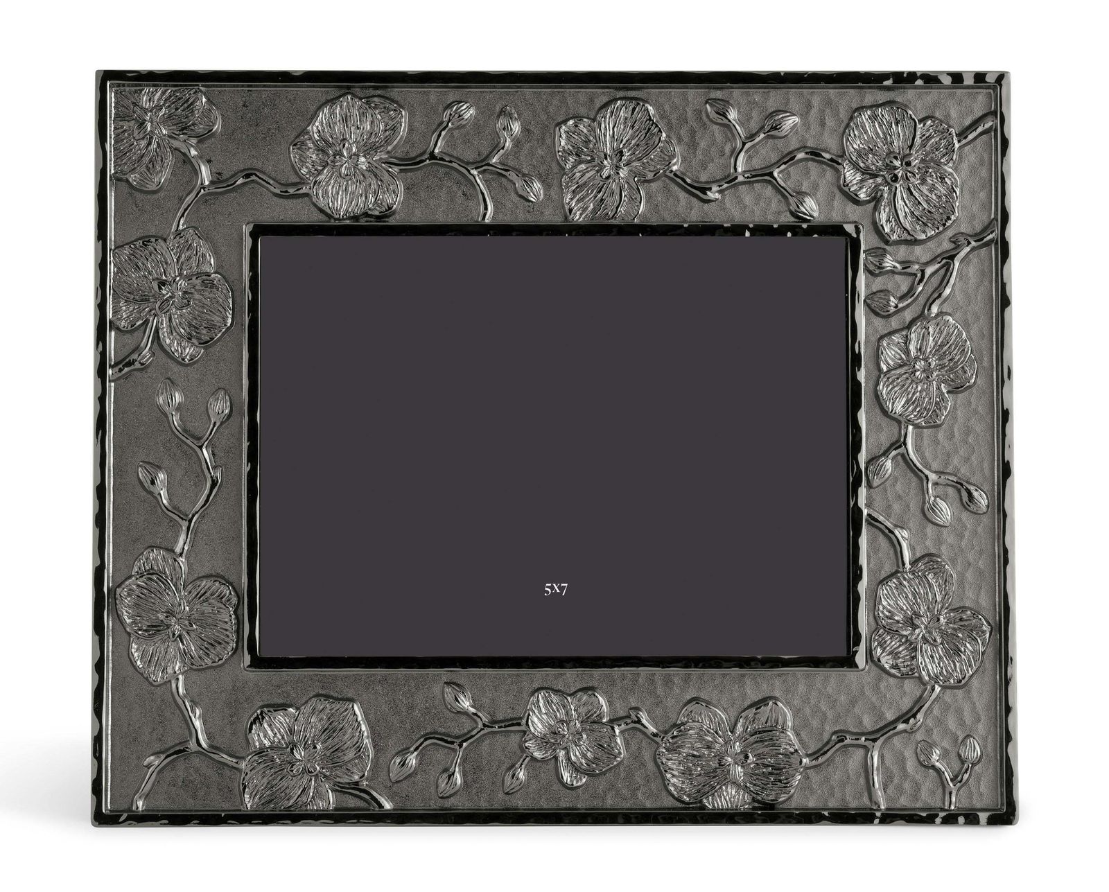 Medium Sized Photo Frame In Black Nickel Plate With Black Orchid Floral Motif. photo furniture