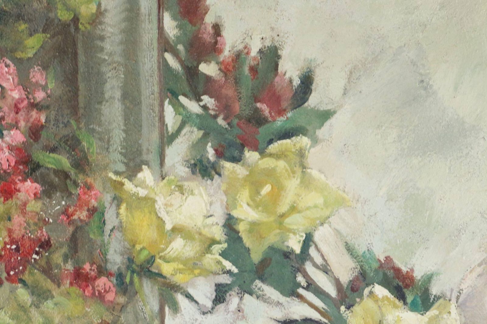Painting On Wood 20th Century Of A Bouquet Of Flowers In Front Of A Mirror photo for sale