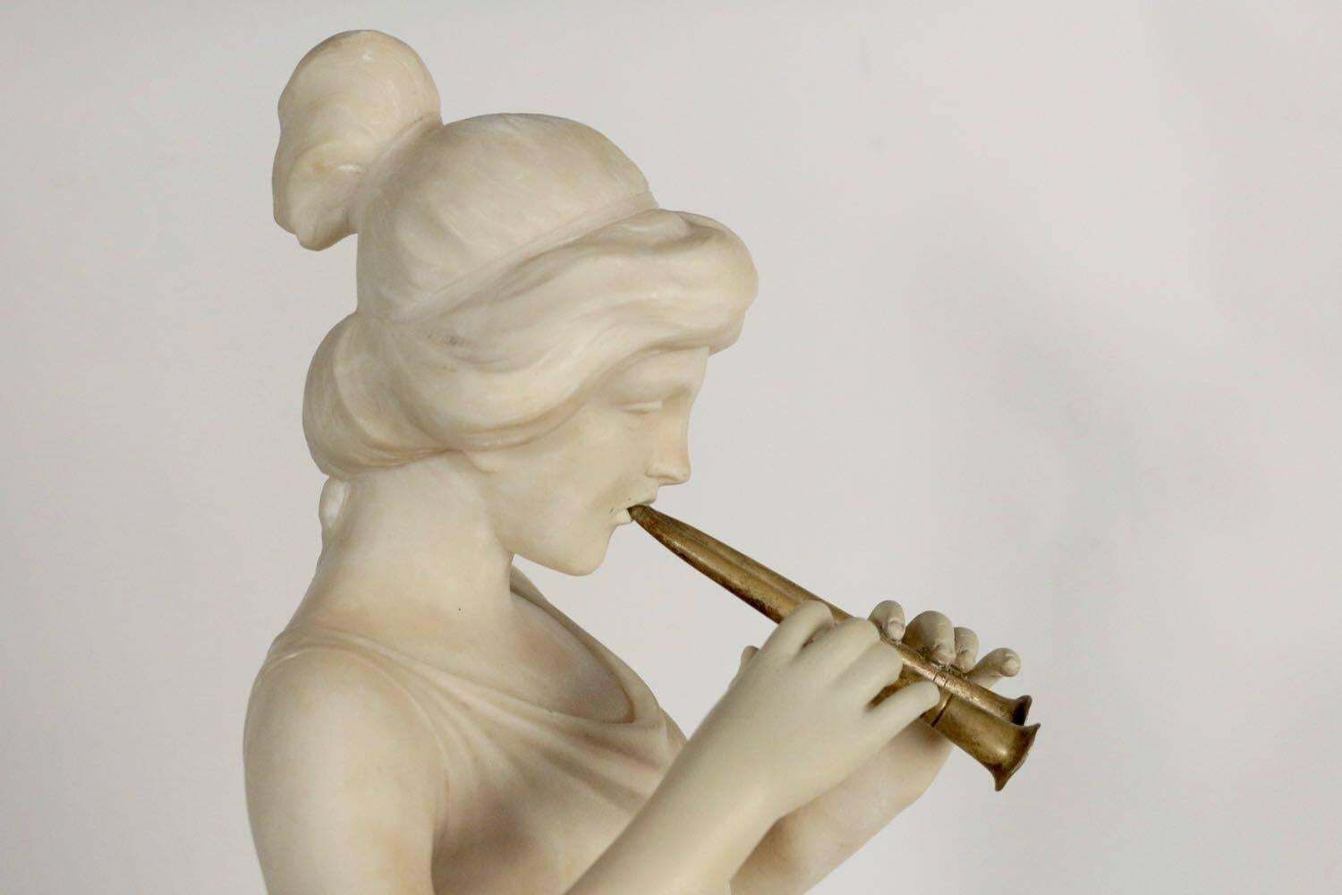 Alabaster, 19th Century, Woman With A Flute Beside The Fountain, Bronze Flute photo Art