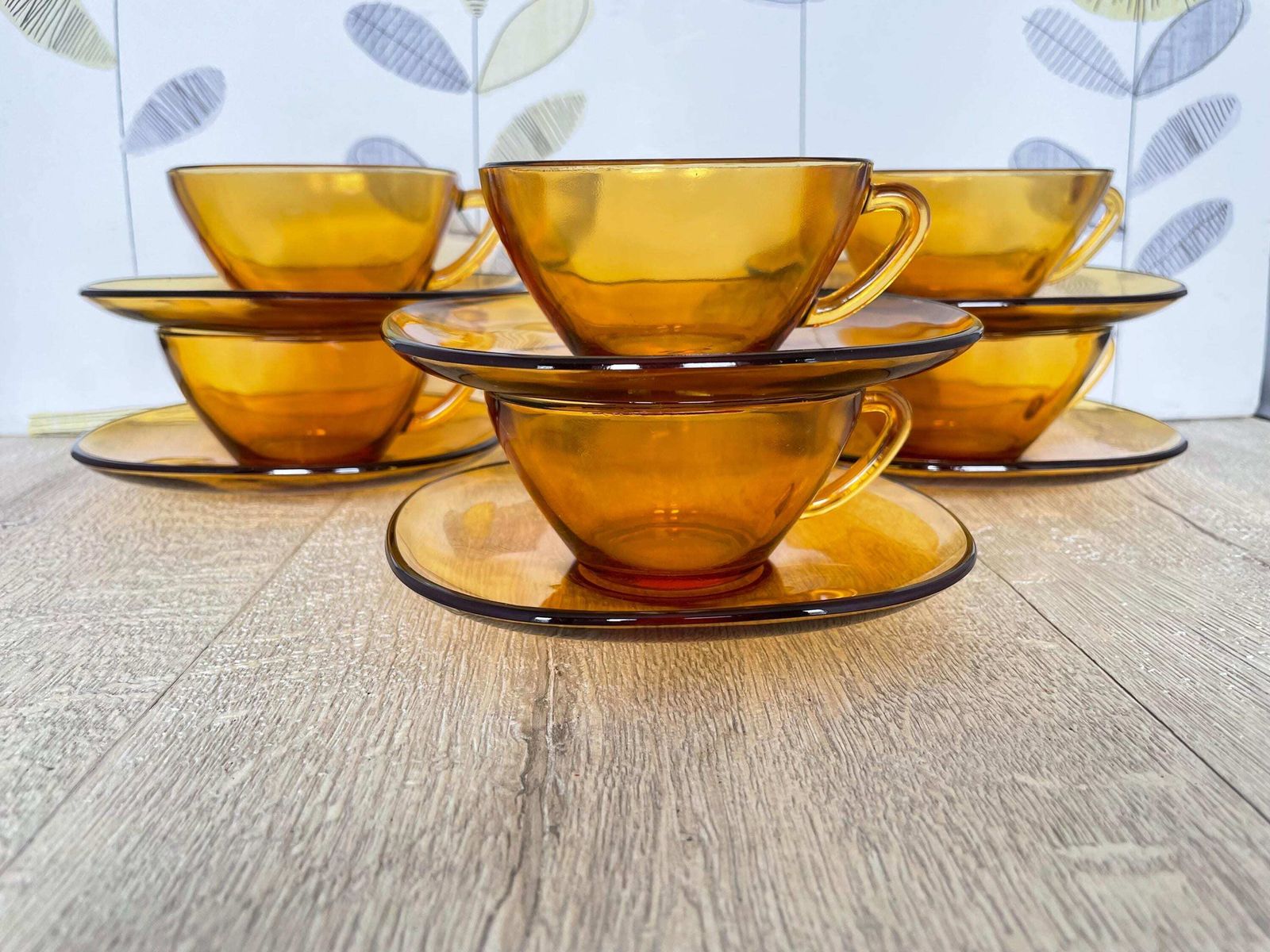 Amber Yellow French Glass Coffee Set   Vintage Vereco 12 Piece Glass Espresso Set   Small Square Demitasse Cups And Saucers photo for sale