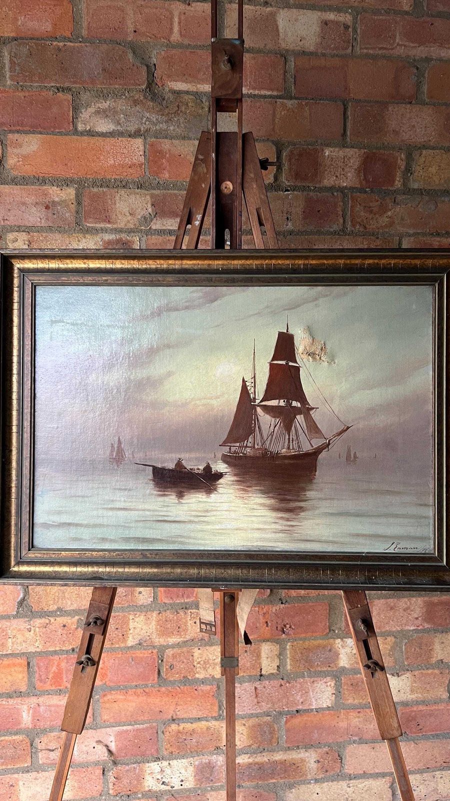 1896 Antique Nautical Oil Painting By Joseph Eaman – Sailing Ship At Sunset photo furniture