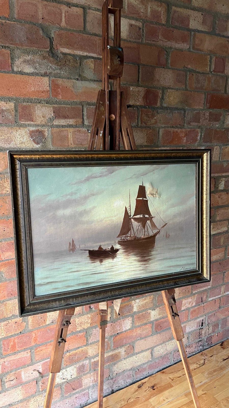 photo for sale 1896 Antique Nautical Oil Painting By Joseph Eaman – Sailing Ship At Sunset