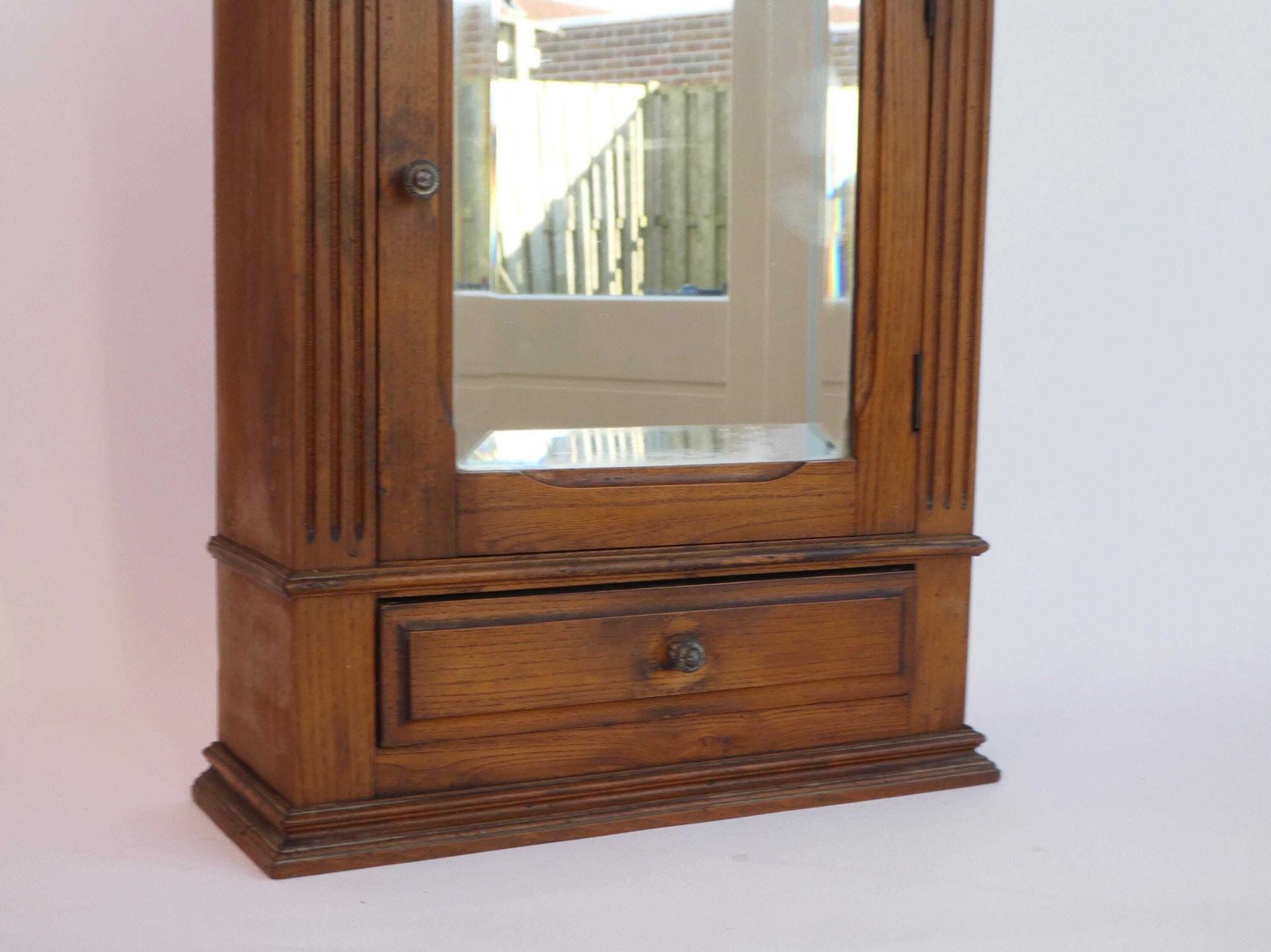 Antique Small Wooden Cabinet With Beveled Mirror And Carved Ornaments, Oak Medicine Apothecary With Shelf And Drawer, Bathroom Display photo vinterior