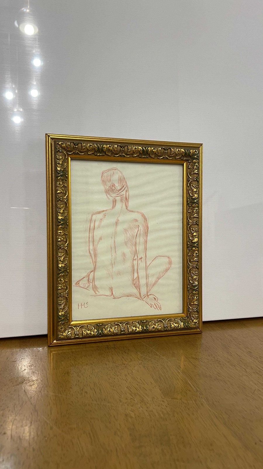 photo furniture Signed Framed Red Pencil Nude Drawing – Female Figure Study