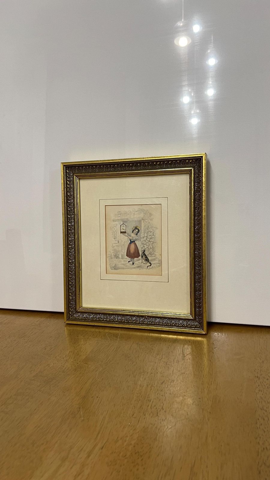 photo furniture Early 1900s Framed Pencil And Watercolour Artwork – Charming Rural Scene Featuring Girl, Cat And Bird