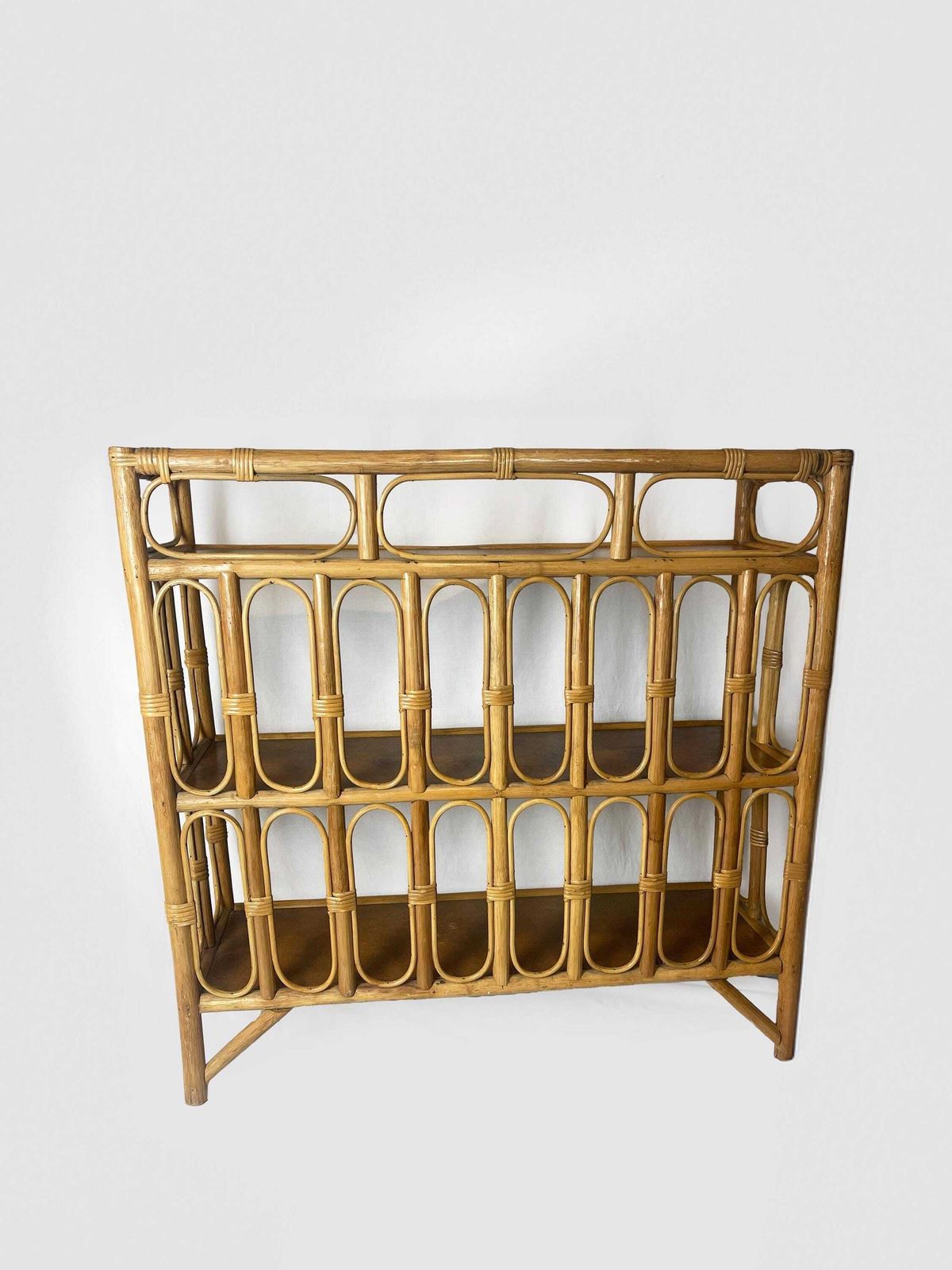 Mid Century Bamboo Display Case, Vintage Bamboo Shelves, Retro Wicker And Bamboo Bookcase, 1970's Furniture photo for sale