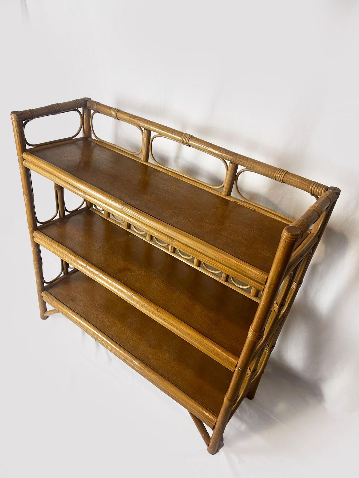 Mid Century Bamboo Display Case, Vintage Bamboo Shelves, Retro Wicker And Bamboo Bookcase, 1970's Furniture photo vintage