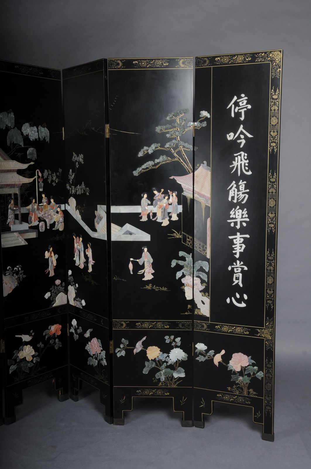 Exclusive Japanese Screen/Room Divider Made Of Black Lacquer, Painted And Inlaid photo 3645.0