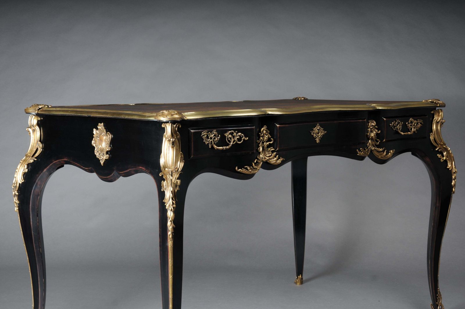 Designer Writing Desk / Bureau Plat In Louis XV Style, Piano Black And Gold photo buy
