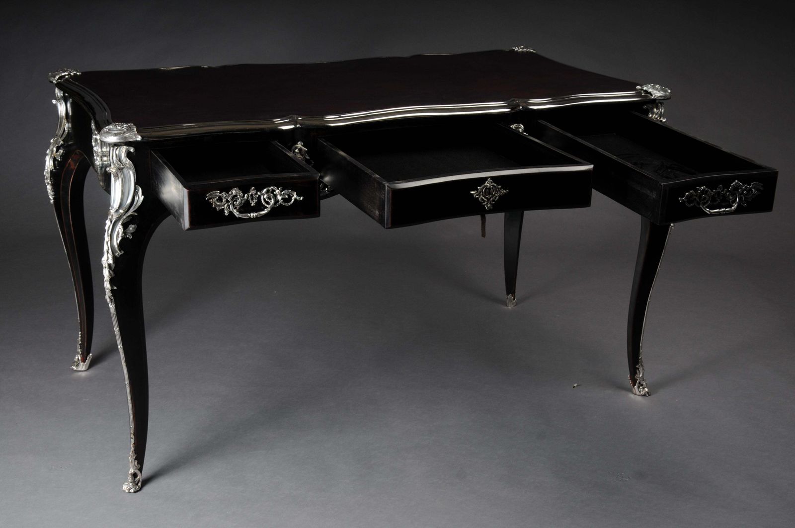 Designer Writing Desk / Bureau Plat In Louis XV Style Piano Black With Silver photo vintage