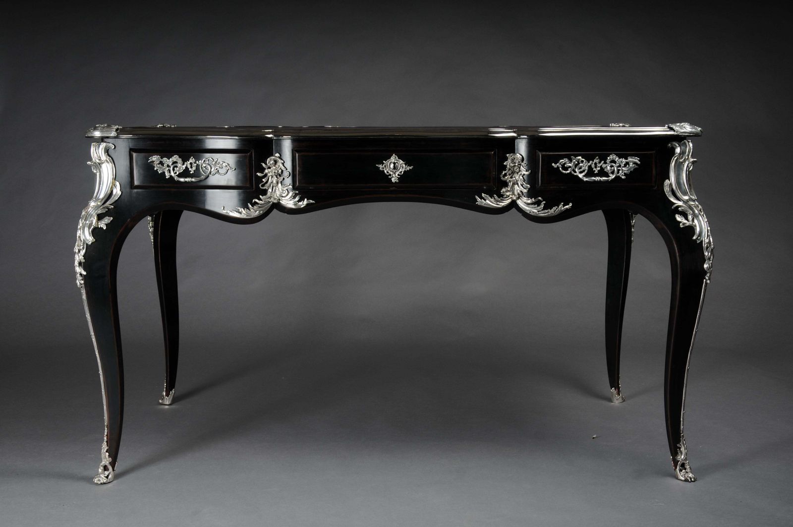 photo for sale Designer Writing Desk / Bureau Plat In Louis XV Style Piano Black With Silver