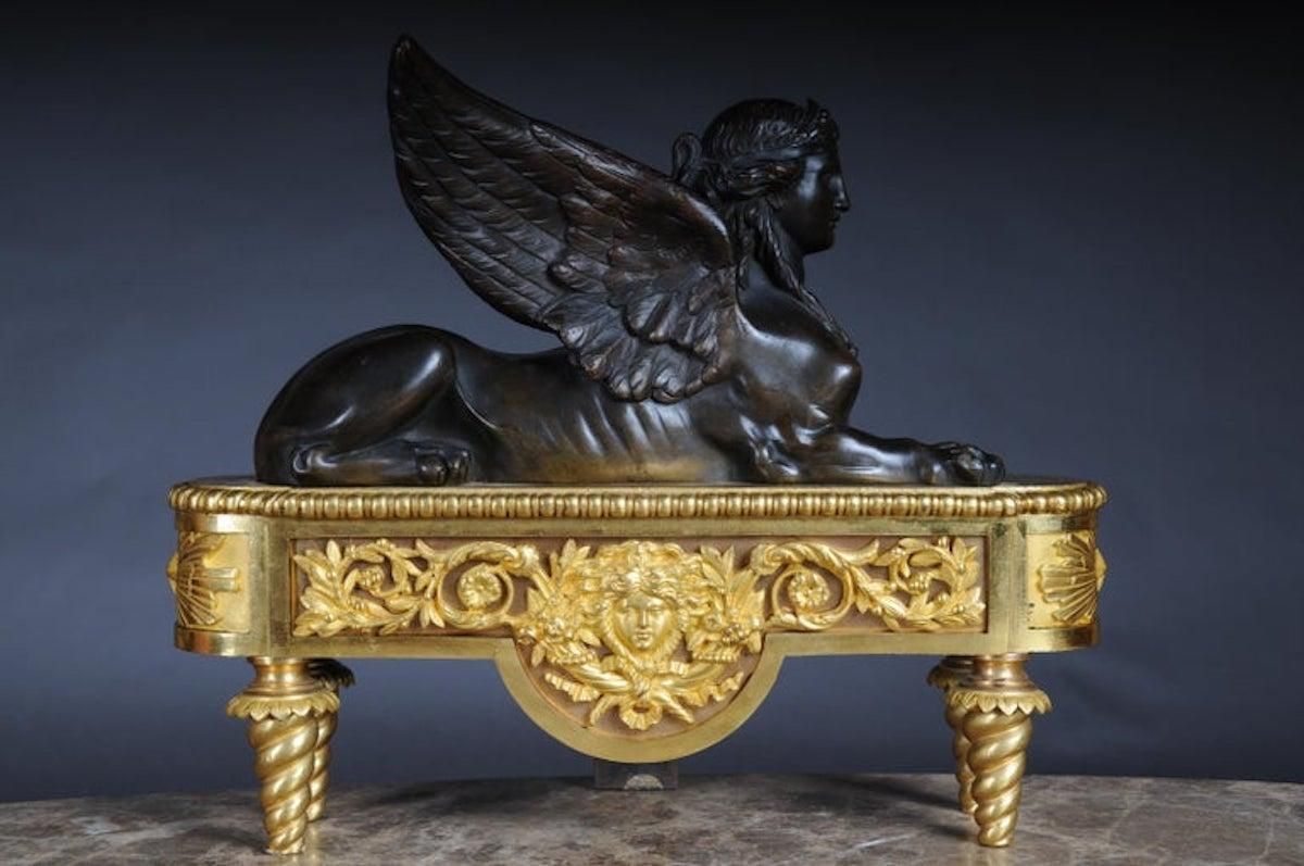 Pair Of Empire Sphinx Chimneys, Brass Andirons, Paris 19th Century Napoleon III photo Home Fixtures