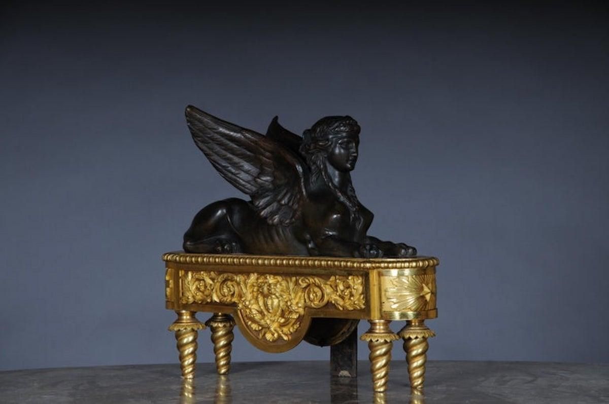 Pair Of Empire Sphinx Chimneys, Brass Andirons, Paris 19th Century Napoleon III photo 12616.0
