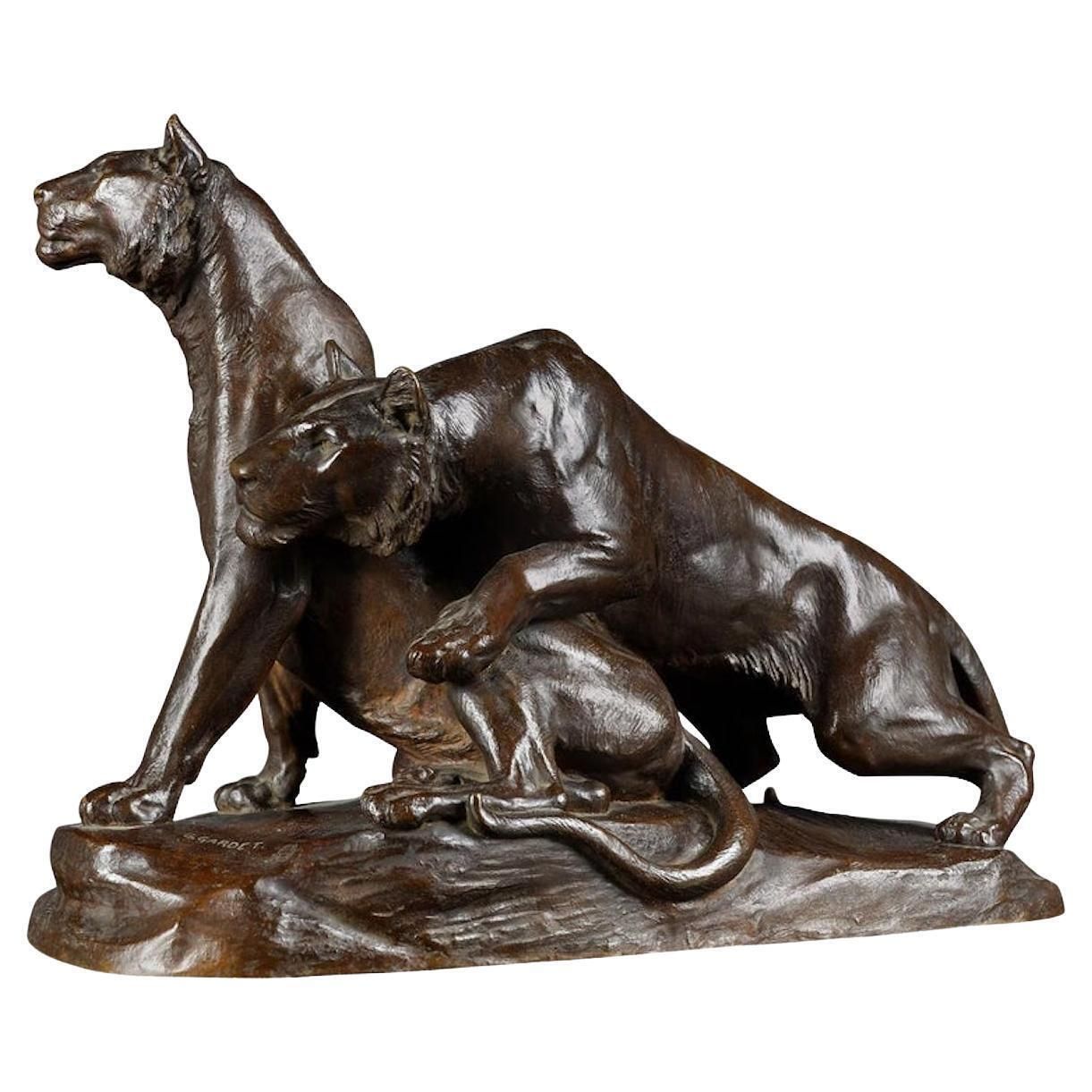 Early 20th Century Bronze Plastic Tiger Couple On Rocks By G. Gardet, 1863 1939