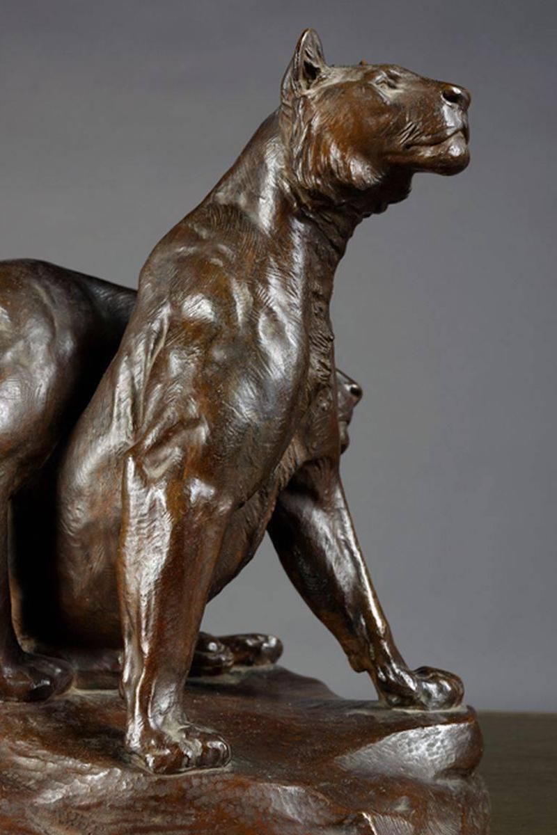 photo furniture Early 20th Century Bronze Plastic Tiger Couple On Rocks By G. Gardet, 1863 1939