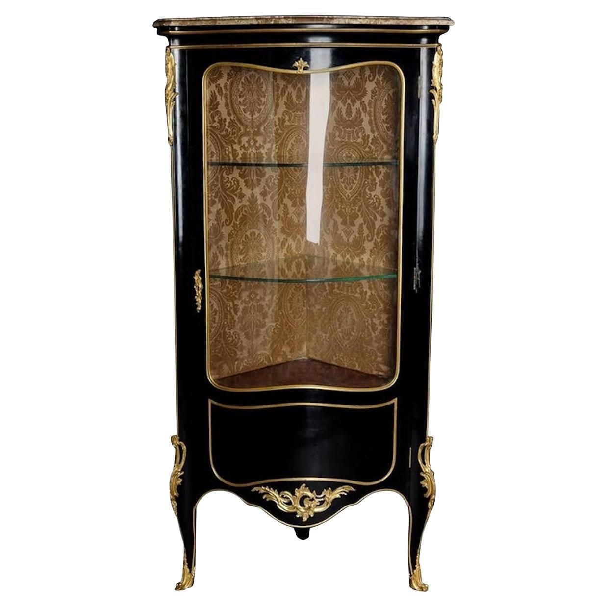 20th Century Louis XV Style Piano Black Corner Vitrine