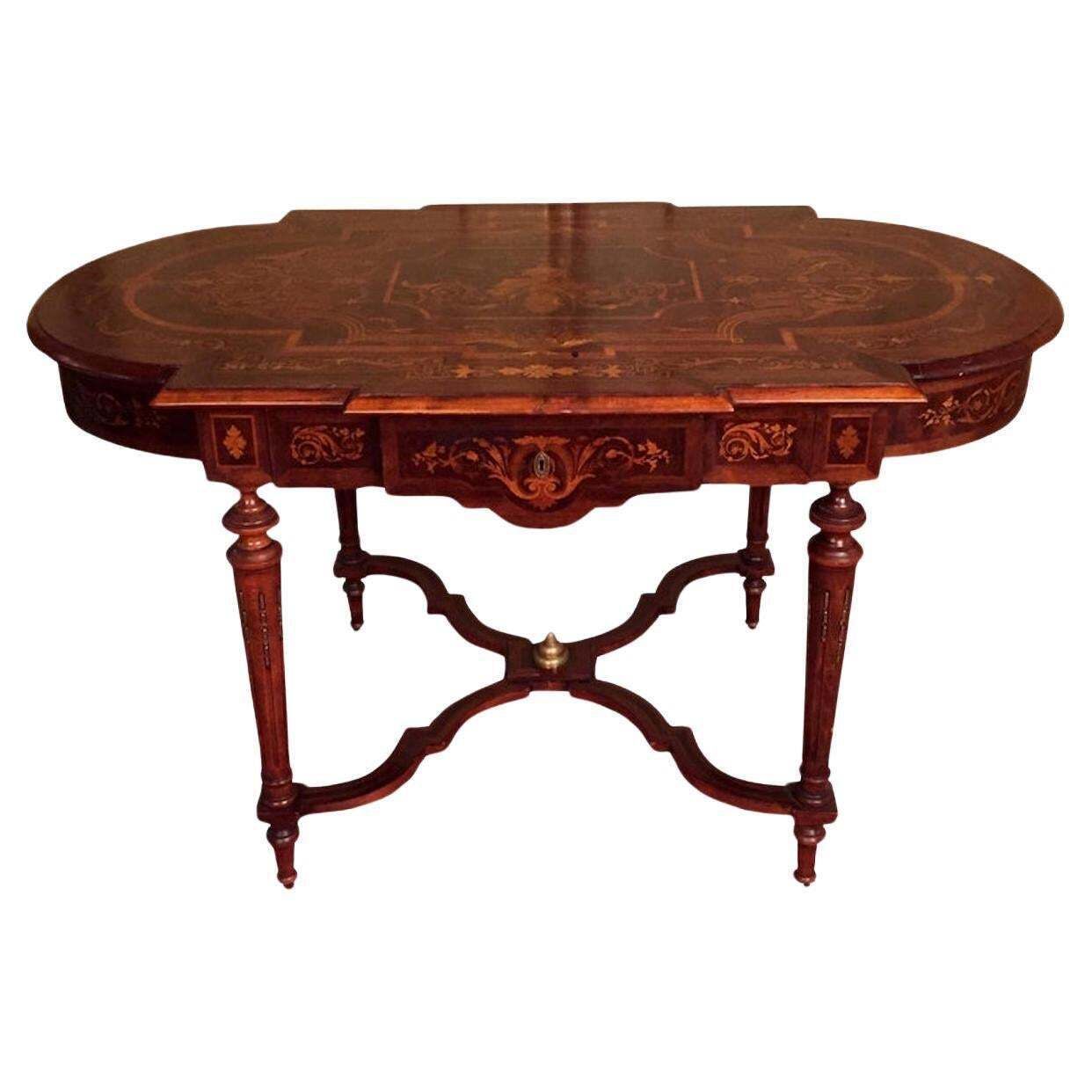 19th Century Marquetry Salon Table Louis XVI With Noble Veneer