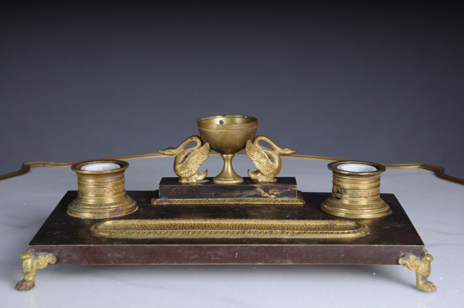 Antique Empire Ink Set, Gold Plated Bronze With Swans, France photo furniture