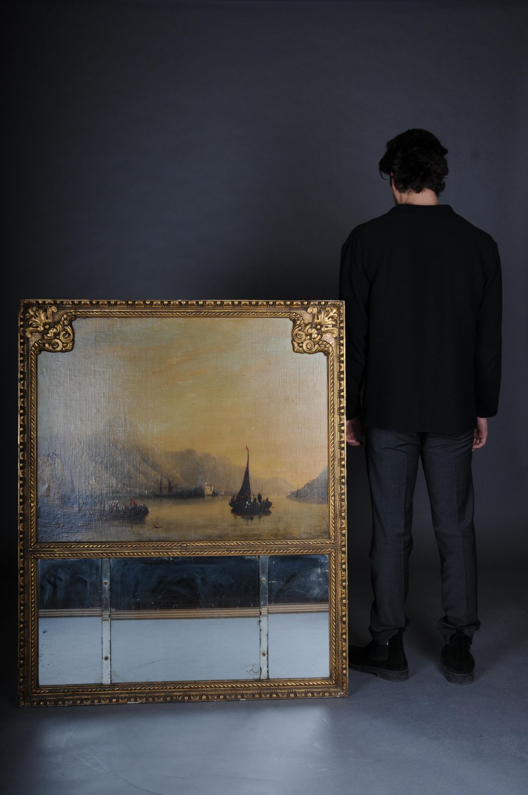 Classic Antique French Trumeau Mirror With Harbor Landscape With Sailing Ships photo furniture