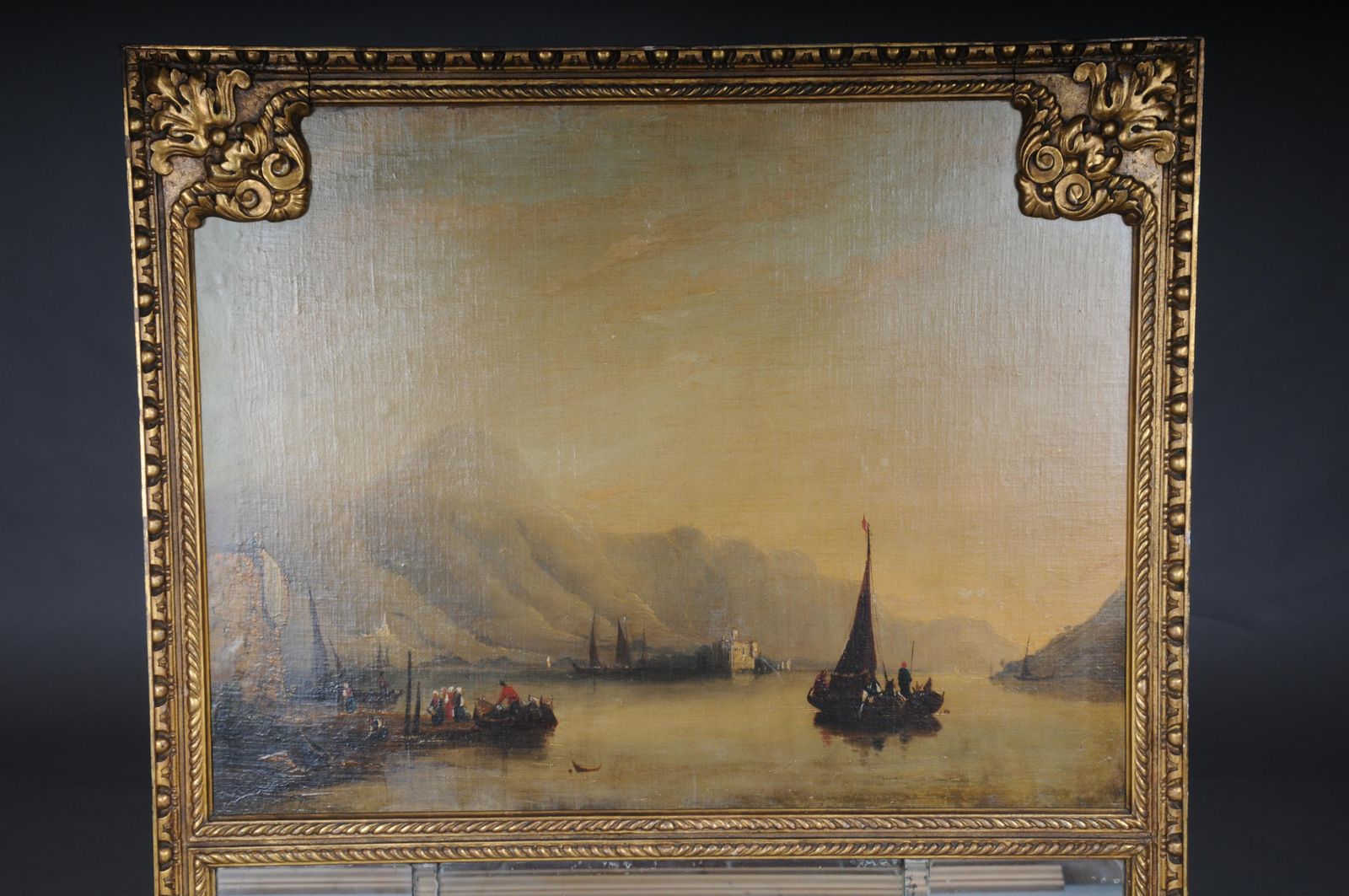 Classic Antique French Trumeau Mirror With Harbor Landscape With Sailing Ships photo for sale