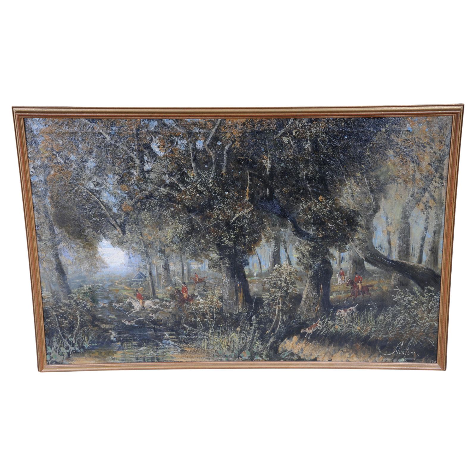 Impressionist Oil Painting Horse Rider With Hunting Dogs Forest, Signed