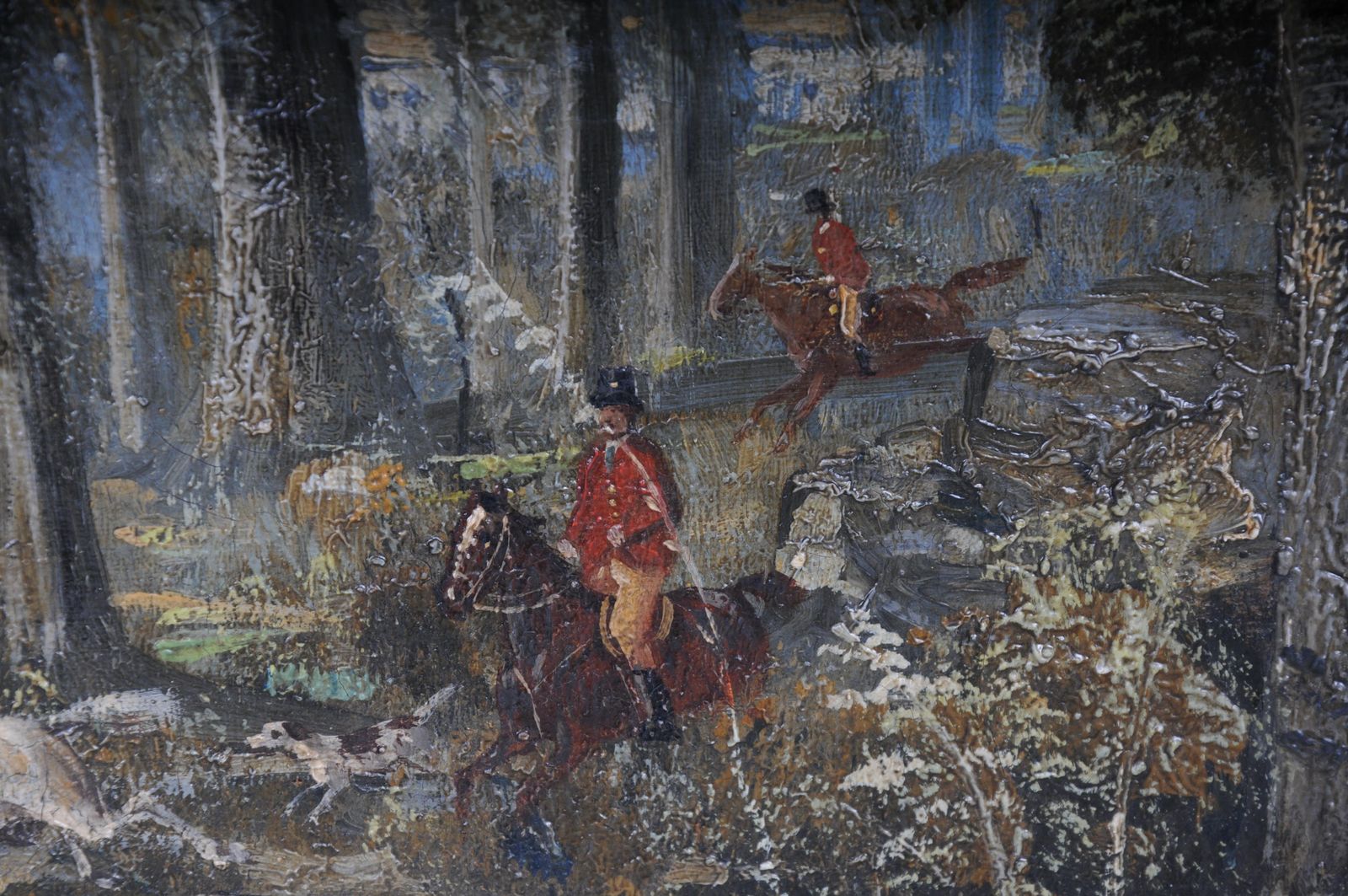 Impressionist Oil Painting Horse Rider With Hunting Dogs Forest, Signed photo buy