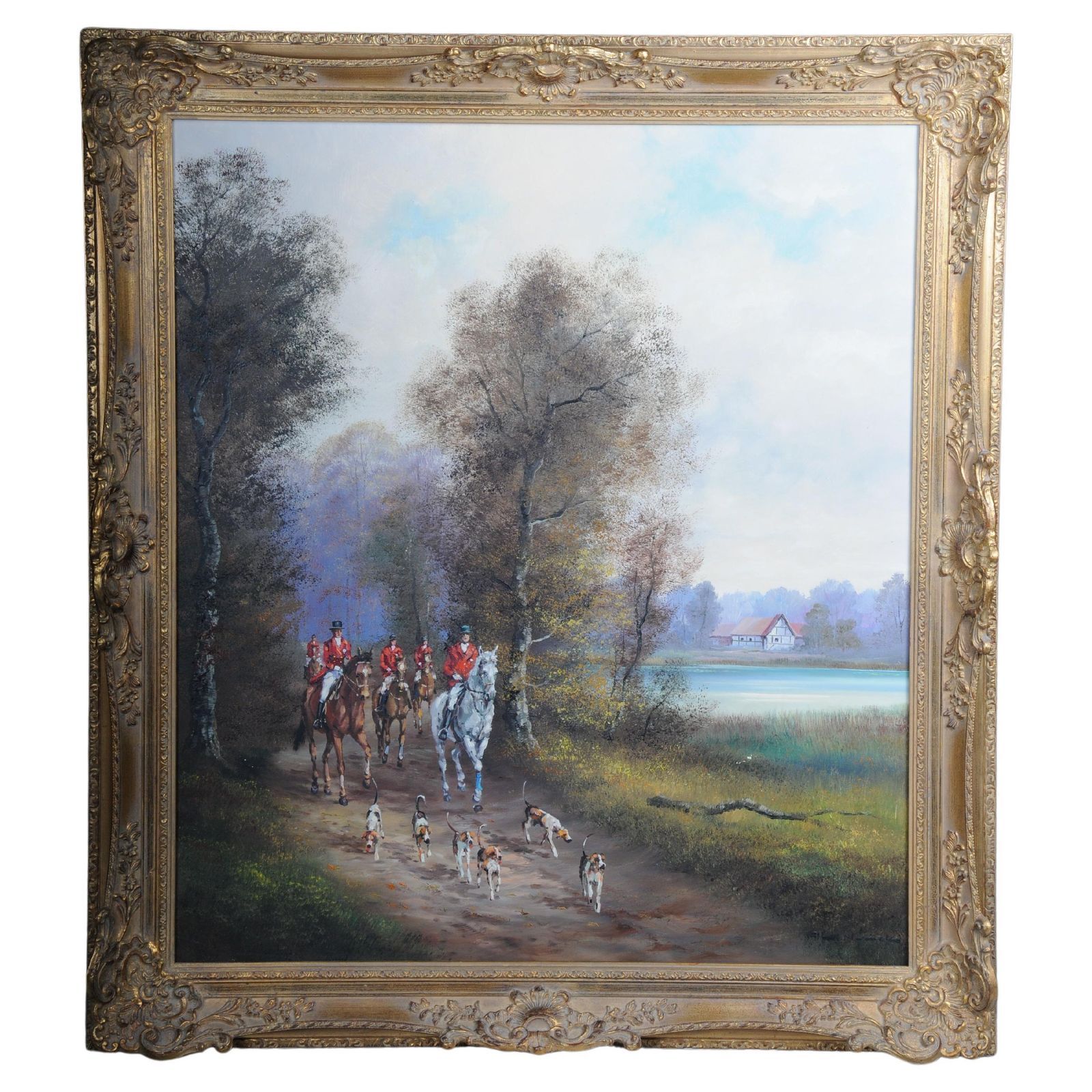 20th Century Impressionist Oil Painting Horse Rider With Hunting Dogs, Signed
