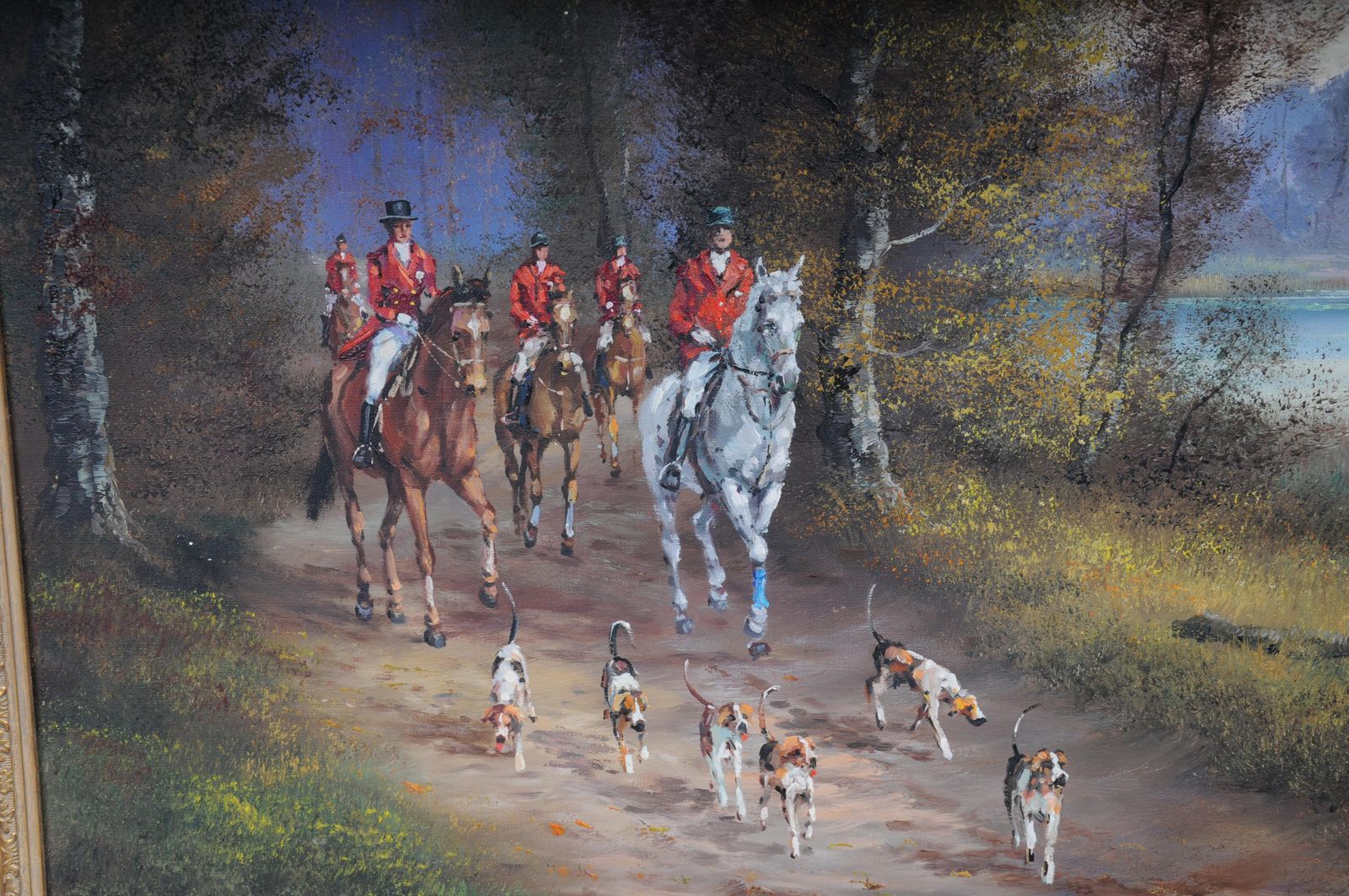 photo for sale 20th Century Impressionist Oil Painting Horse Rider With Hunting Dogs, Signed