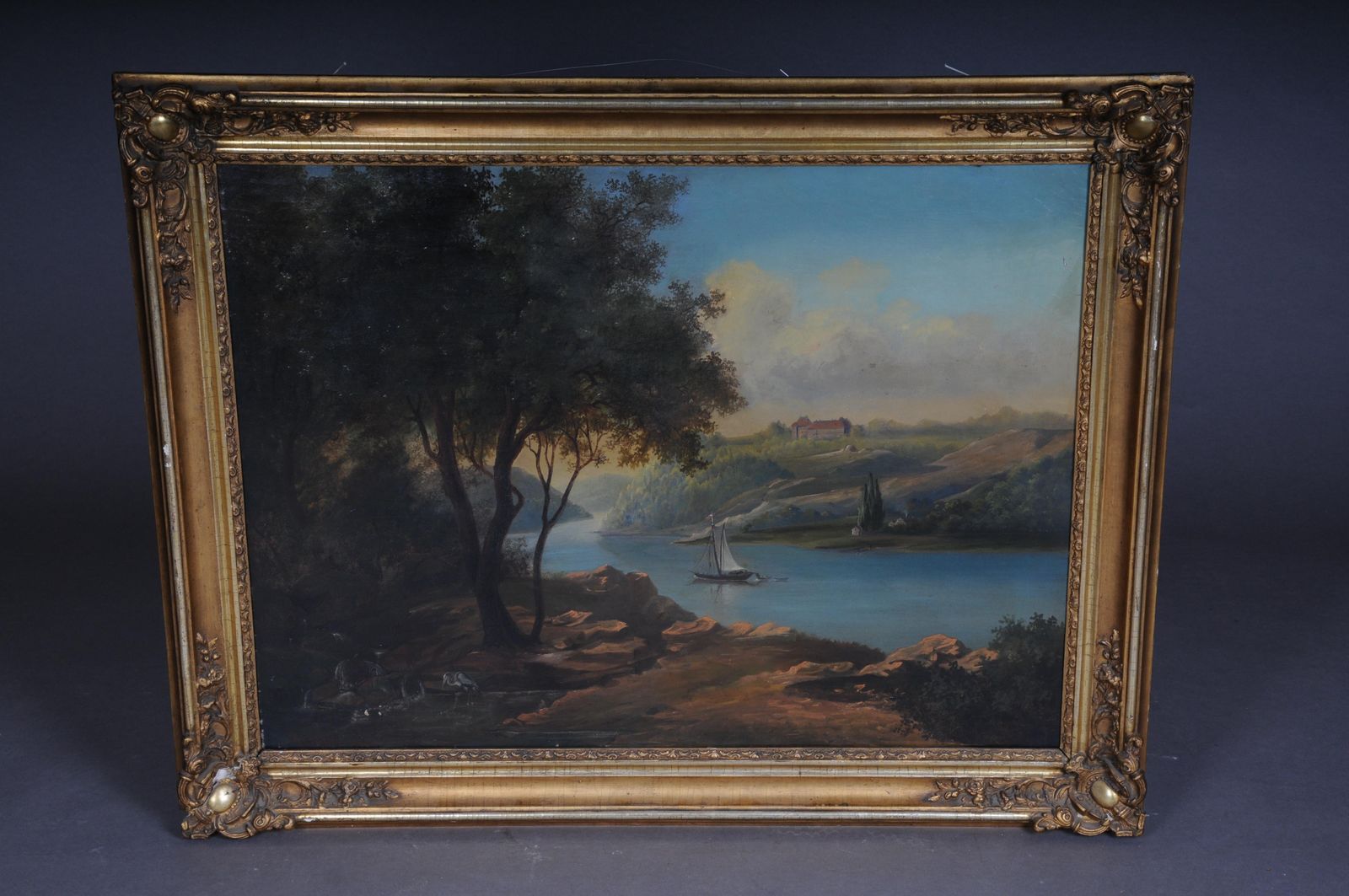 Oil Painting Idyllic River Landscape/Romantic Scene 19th Century photo furniture