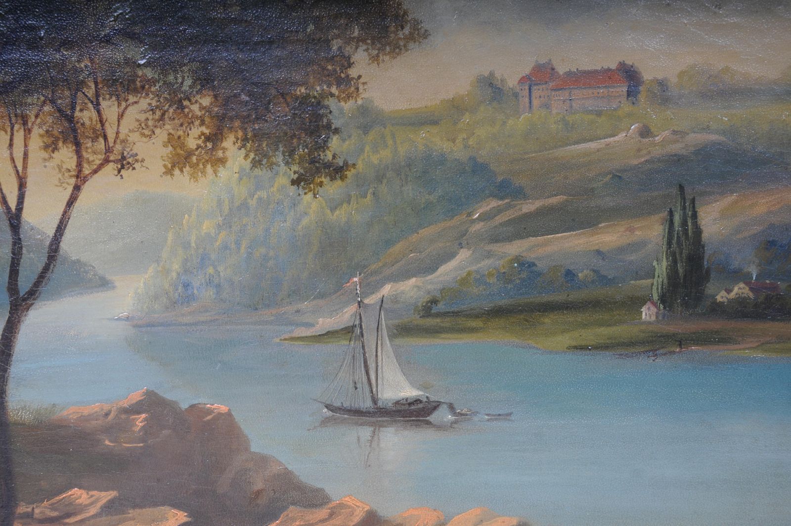 Art Oil Painting Idyllic River Landscape/Romantic Scene 19th Century photo