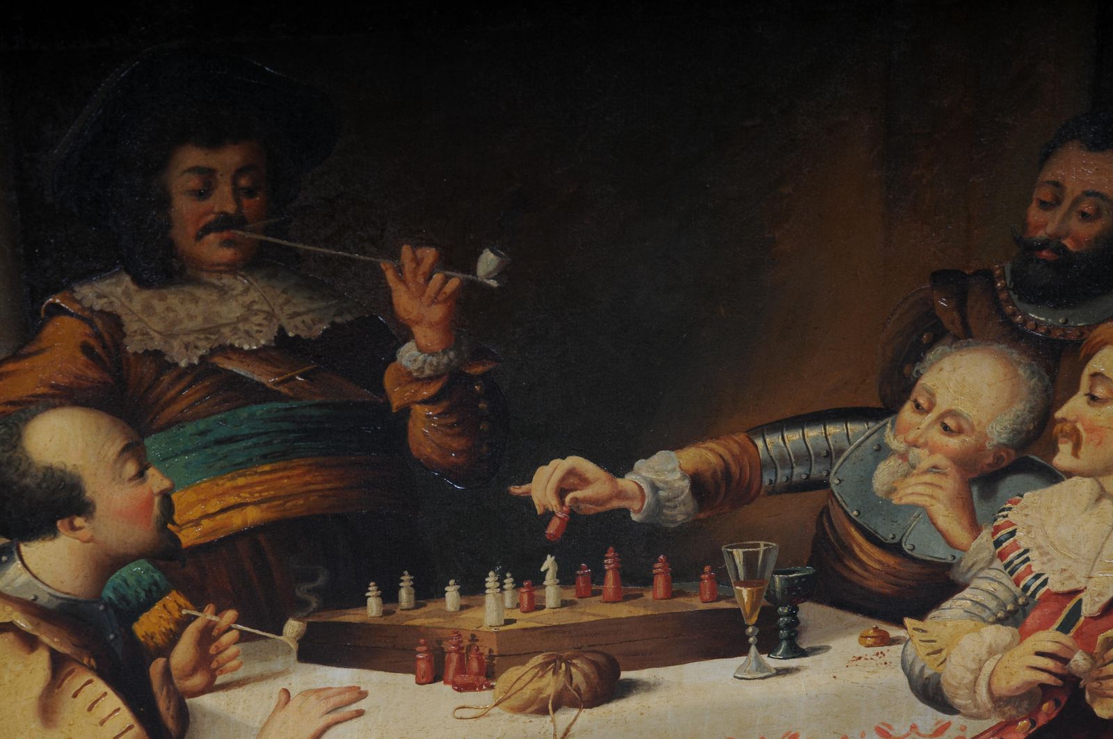 photo furniture Antique Oil Painting Chess Round In Renaissance Style Around 1890