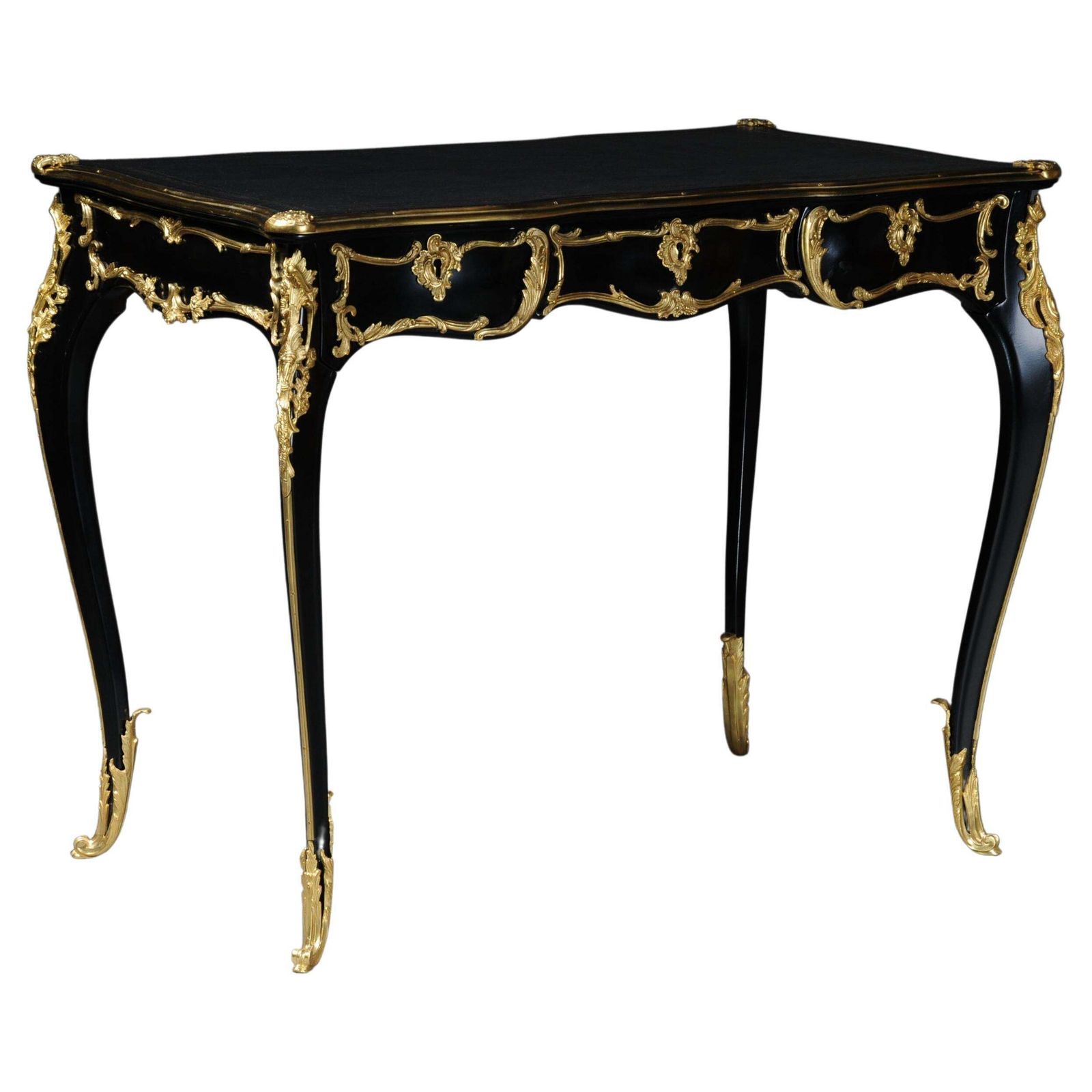 20th Century Elegant Black Bureau Plat / Writing Desk In Louis XV, Beech