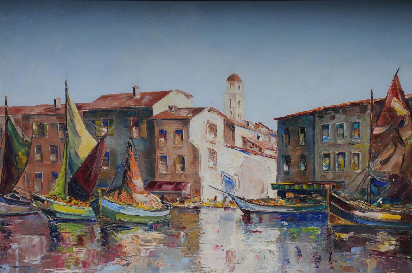 Oil Painting Fish Harbor Of St. Tropez, 20th Century photo for sale