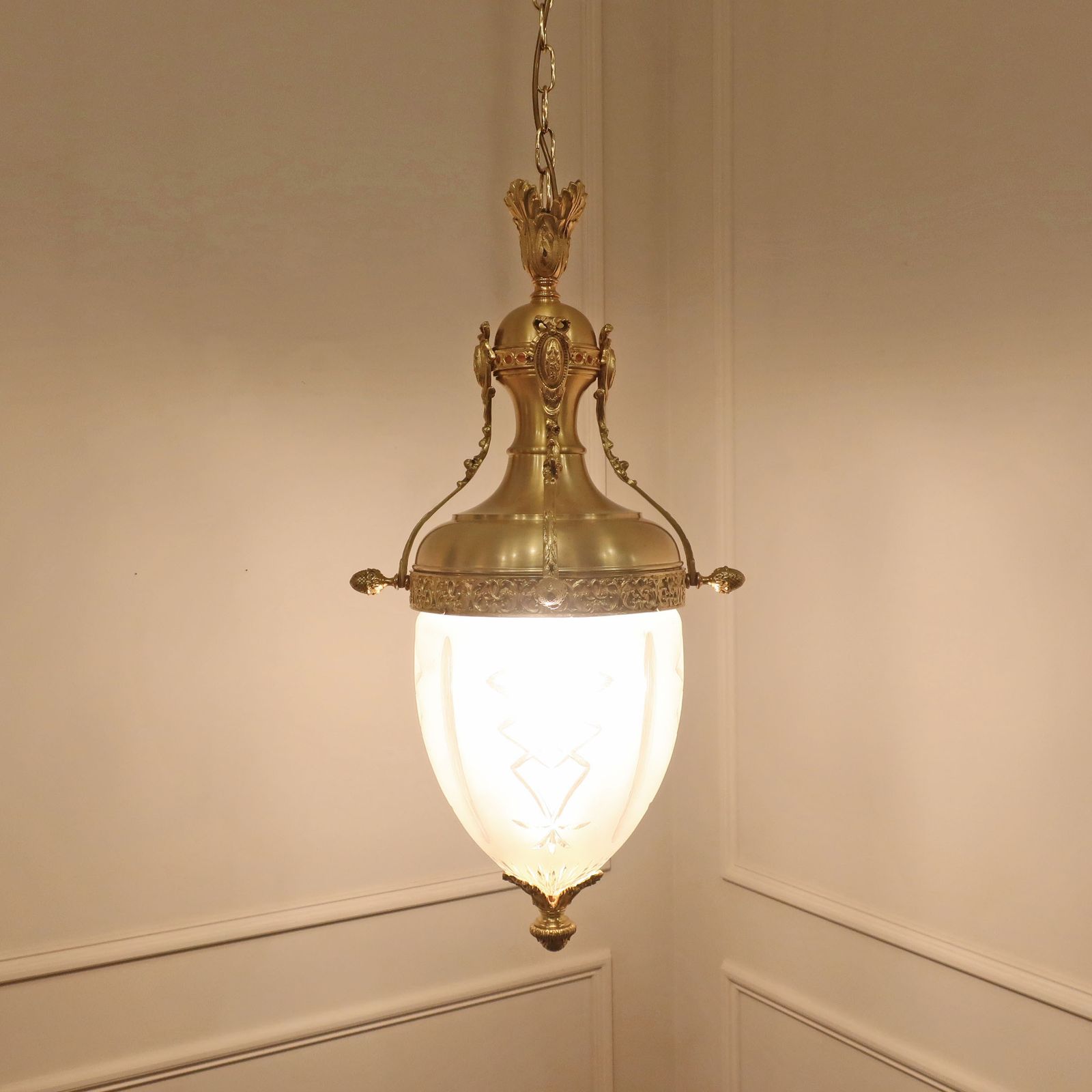 Substantial French Louis XVI Style Bronze Gilt & Frosted Glass Pendant Lantern photo 2300.0