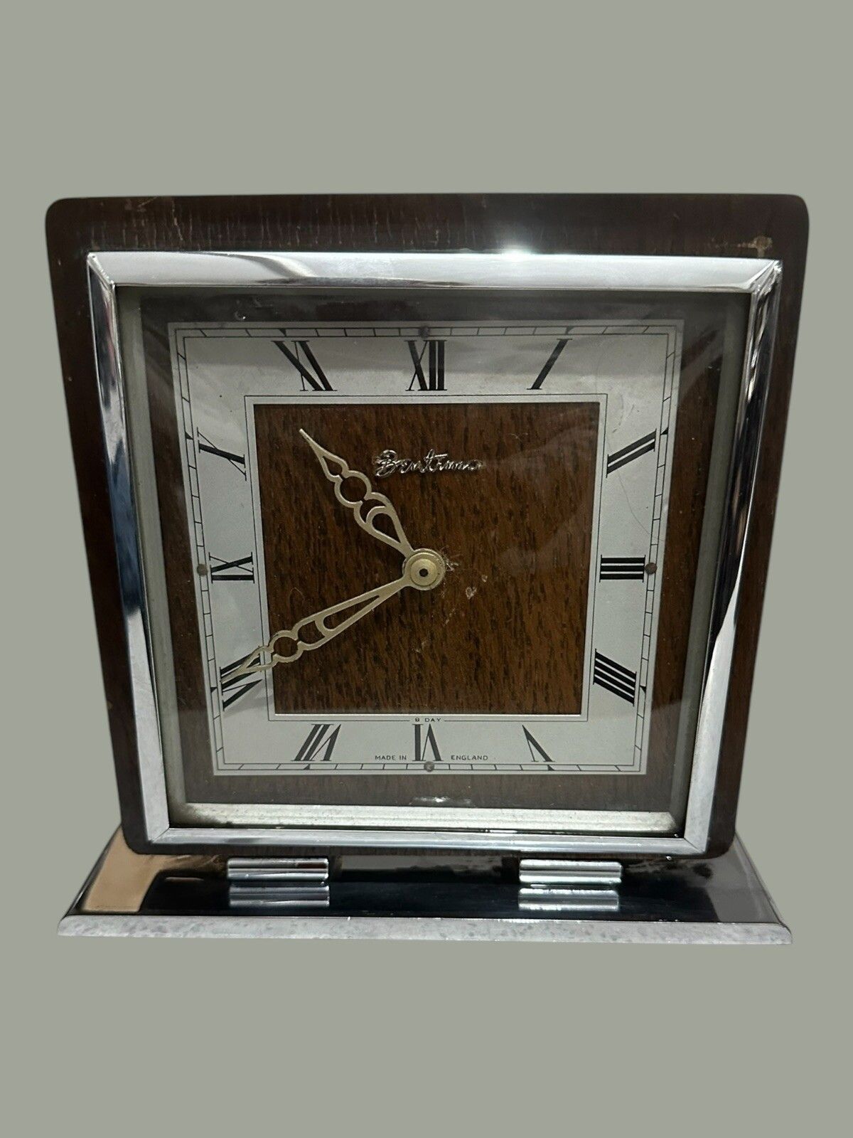 Bentima 1940’s Chrome And Oak Mechanical Mantle Clock Art Deco photo furniture