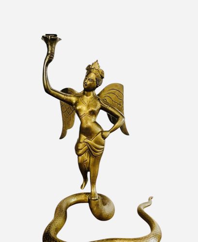Antique Heavy Brass Bronze Indian Godess Snake Charmer Centre Piece Signed photo furniture