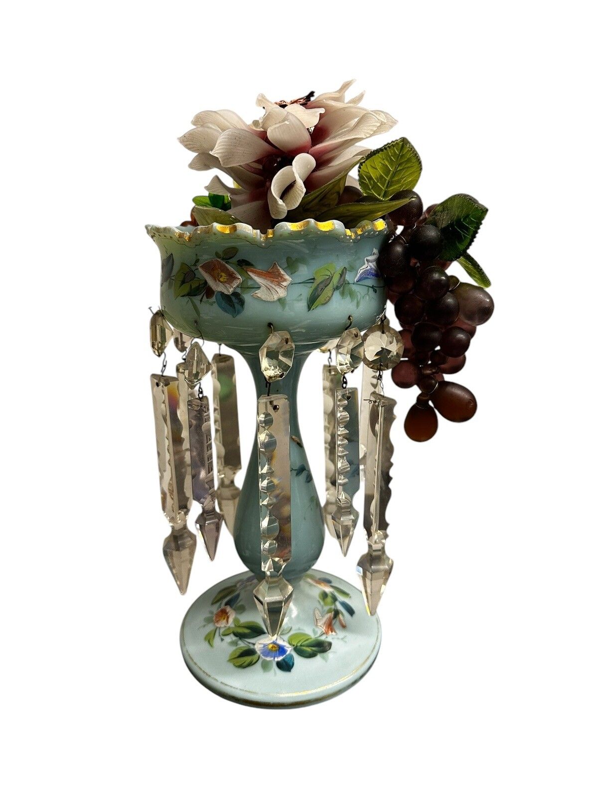 Victorian Lustre Vase , C.1870. With Crystal Dangles And Glass Fruit / Flowers photo furniture