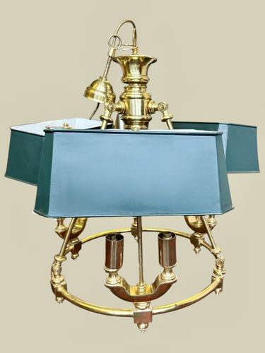 Mid Century Quality Brass And Tole Bouillotte Chandelier Ceiling Light