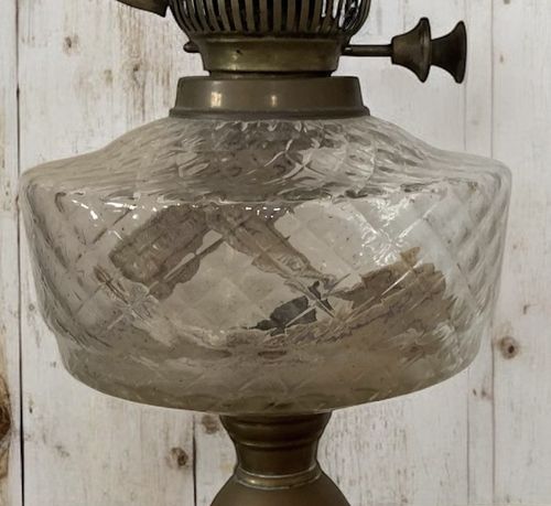 Victorian Oil Lamp Amber Glass On Brass Column And Wooden Base photo vinterior